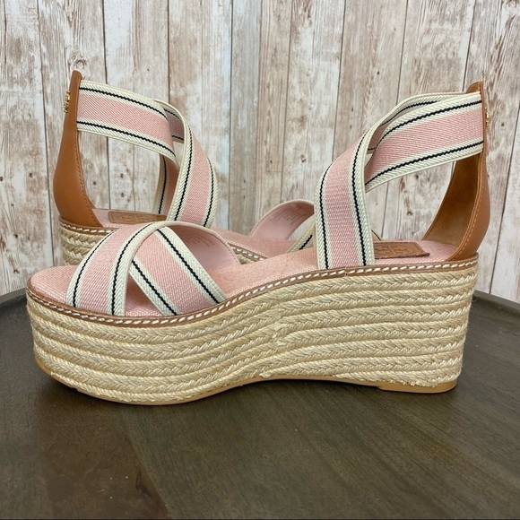 Tory Burch Frieda Espadrille Wedge‎ Sandal Blush Stripe/Tan Size 10 Women - Picture 10 of 15